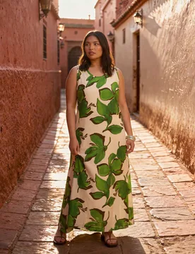Leaf Print Scoop Neck Maxi Shift Dress Green female - Live Unlimited London - FashionsVida