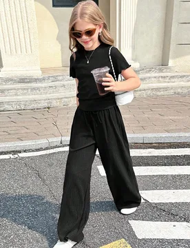 Conjunto de 2 piezas para niñas jóvenes con top de cuello alto ajustado y pantalón de pierna ancha en textura de punto sólido color café, ideal p - Shein - FashionsVida