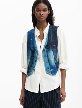 Gilet en denim patchwork, , Coton, Bleu, XS