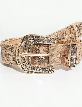 Pieza Cinturón de mujer de lujo retro con hebilla de metal tallada, estampado de lentejuelas doradas vintage en piel de poliuretano - Shein - FashionsVida