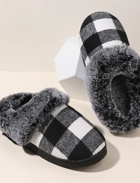New Retro Plaid Plush Slippers for Women Soft Faux Fur House Cotton Slippers Woman Winter Slip on Non Slip Furry Slides Female - Aliexpress - FashionsVida