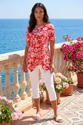 Women's Leaf Print Hanky Hem Tunic Top in Red Size: 14 - Red - Size: 14