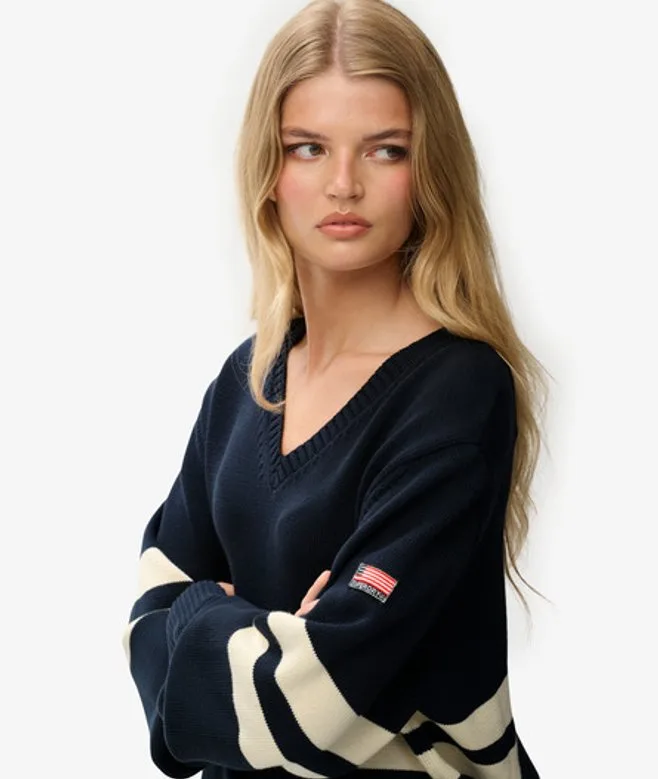 Superdry Damen OverGrößed Gestreifter V-ausschnitt Pullover Navy - Größe: 40 - 74.99 - FashionsVida