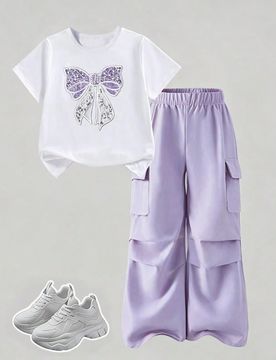 Conjunto informal de 2 piezas para niñas - Camiseta de manga corta y cuello redondo blanca con estampado de lazo falso con lentejuelas y strass, comb