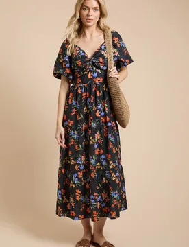 Women's Floral Twist Front Puff Sleeve Midi Dress Size: 10 - Floral - Size: 10 - Dorothy perkins - FashionsVida