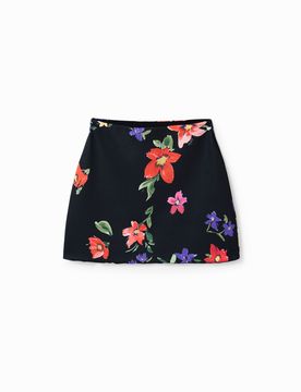 Mini-jupe élastiquée fleurs, Noir, XS