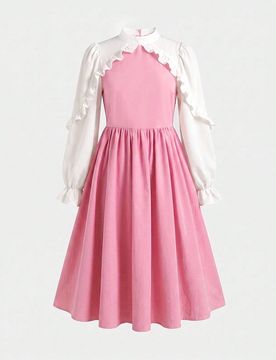 Vestido casual preppy versátil y cómodo para niña preadolescente, con cuello, patchwork y contraste de color, para uso diario y vuelta al cole