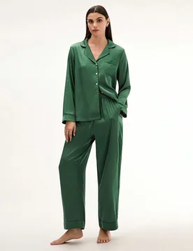 Conjunto de pijama y ropa de estar en casa de satén liso verde básico con botones para mujer - Shein - FashionsVida