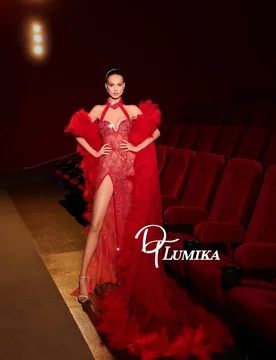 DTLumika Red Feather Cape Beaded Evening Gown With High Slit Luxury Sexy Halter Neck Mermaid Glitter Prom Dress Customized - Aliexpress - FashionsVida