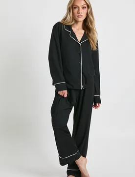 Womens Petite Jersey Piping Detail Long Sleeve Shirt & Trousers Pyjama Set - Black - Size 6 Uk - Boohoo - FashionsVida