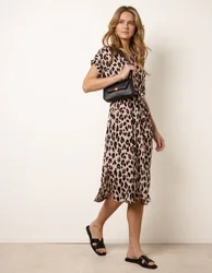 Animal Drawstring Waist Shirt Dress - M/L / BROWN - female