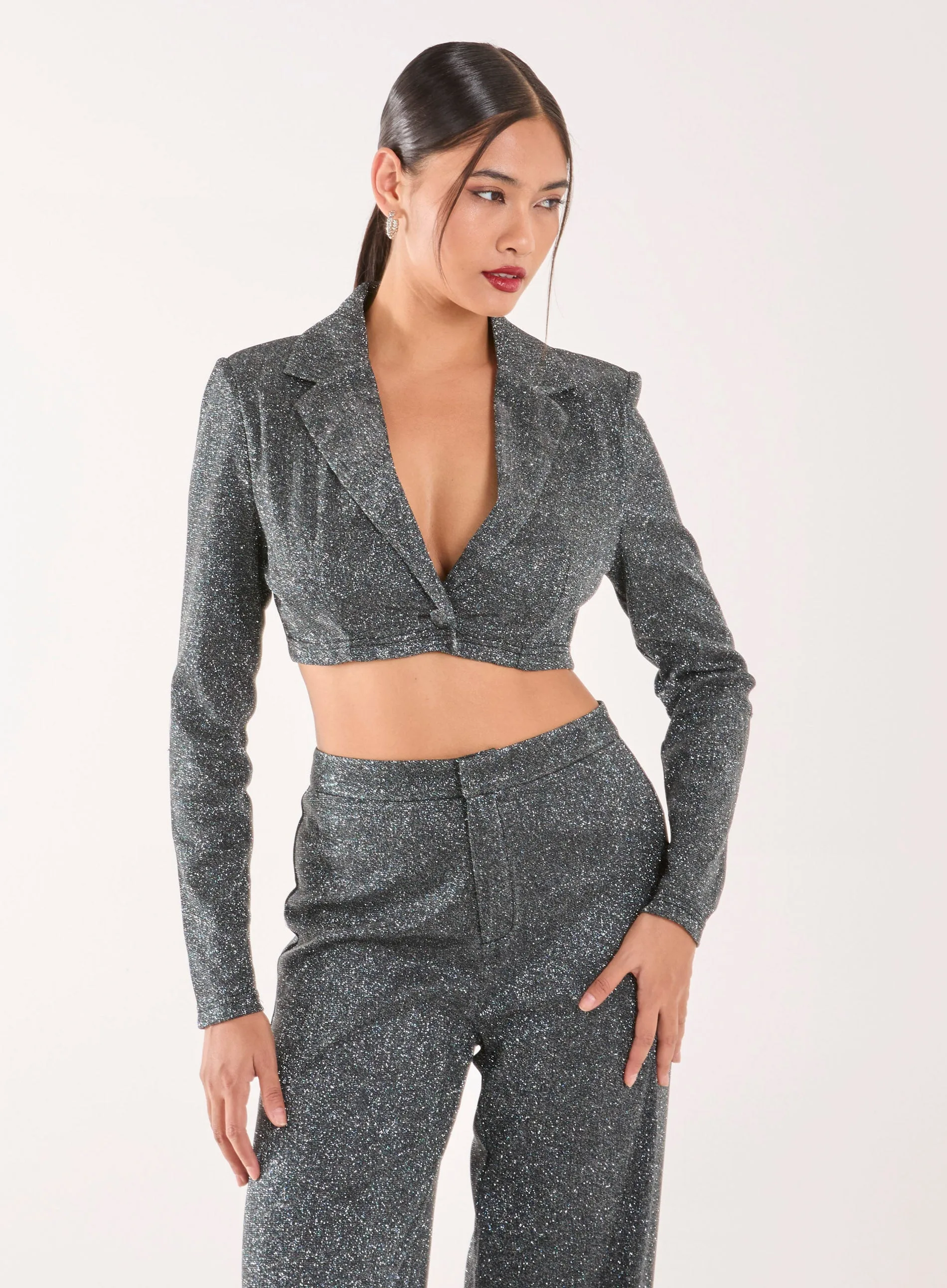 Womens Glitter Cropped Blazer - Silver - Size 6 Uk - Pink Vanilla - FashionsVida