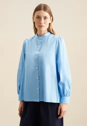 Stehkragenbluse Uni Blau 38