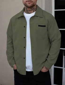 Camisa-chaqueta de pana verde oliva para hombre para otoño, estilo casual elegante para senderismo, con botones delanteros, manga larga y bolsillos, - Shein - FashionsVida