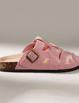 Sandalias de mujer versátiles de verano color rosa con diseño hueco y punta cerrada, sandalias de corcho con hebilla retro para uso diario y desplaz - Shein - FashionsVida