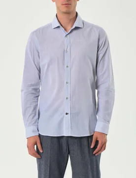 Camicia bastoncino bianco e azzurro in seersucker di cotone stretch con colletto alla francese - Alley Docks - FashionsVida