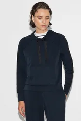 Womens Navy Raglan Sleeve Side Trim Wide Drawstring Hoody - Size Medium