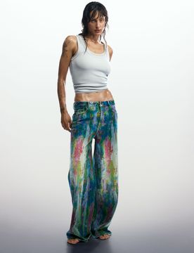 Pantalón vaquero wide leg splatter, Mujer, Algodon, Azul, 34