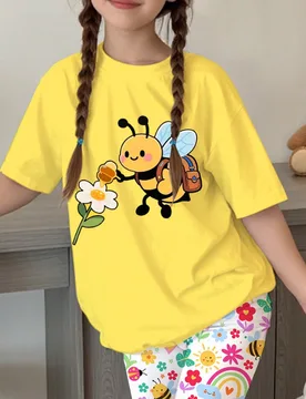 Set de 2 piezas, Camiseta de manga corta con cuello redondo y estampado de abeja y flor de estilo casual y lindo para niña preadolescente, Conjunto d - Shein - FashionsVida