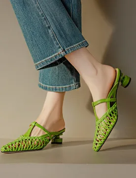 Genuine Leather Women Sandals Stiletto High Heels Pointed Toe Weave Summer Women Mules Shoes Ladies Party Women Shoes - Aliexpress - FashionsVida