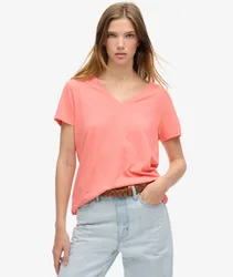 Superdry Damen Strukturiertes T-shirt mit V-ausschnitt und Stickerei Koralle - Größe: 44