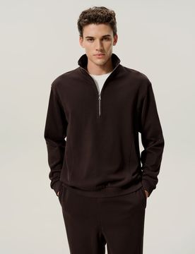 Uomo Felpa Mezza Zip Silkerry™ in Seta, Morbida con Collo Alto, , XL