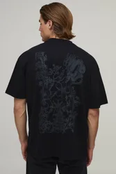 Herren Schwarzes Übergroßes T-Shirt Mit Tonaler Drachenprint Black Größe XS