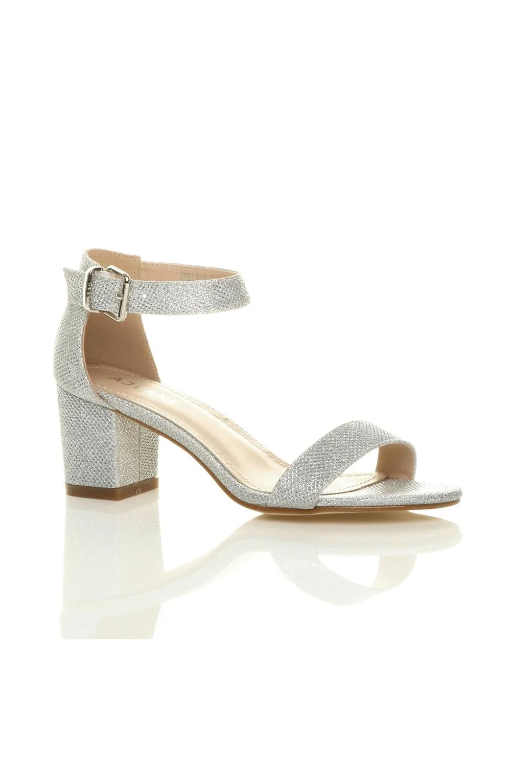 Mid Block Heel Ankle Strap Sandals - Silver - Size: 7 - Ajvani - FashionsVida