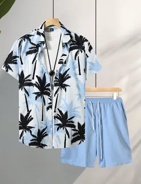 Set de 2 piezas Camisa de manga corta con estampado de árbol de coco y pantalones cortos casuales de vacaciones para hombres, ropa de vacaciones, con - Shein - FashionsVida