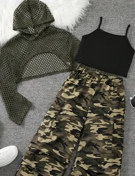 Conjunto de 3 piezas para niña preadolescente con sudadera con capucha de malla tejida casual dulce & cool, top de tirantes de punto acanalado y pant - Shein - FashionsVida