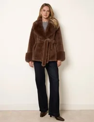 Plush Faux Fur Belted Coat - L / BROWN - female