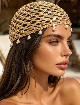Pieza Gorro de punto de ganchillo con lentejuelas estilo bohemio, pañuelo para la cabeza con colgante hueco vintage, accesorio versátil para el cabe