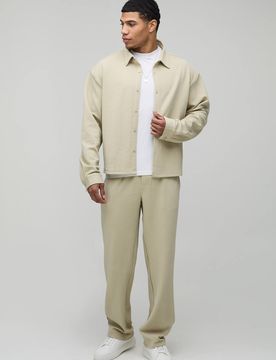 Herren Jersey-Fischgrät Übergroßes Kastiges Hemd & Entspannte Hosen Set Stone Größe 3XL