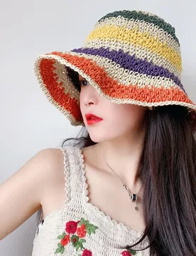 Summer Rainbow Striped Crochet Beach Bucket Hat Women Crochet Foldable Panama Hat Female Beach Sun Visor Cap - Aliexpress - FashionsVida