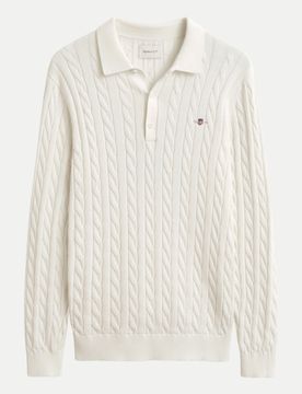 Zopfstrickpullover mit Polo-Kragen Weiß M