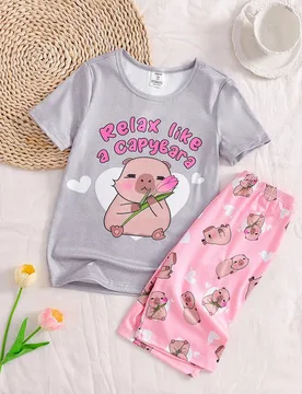 Set de 2 piezas de ropa de estar cómoda con estampado de capibara y estampado rosa de capibara para adolescentes, ajuste ceñido - Shein - FashionsVida