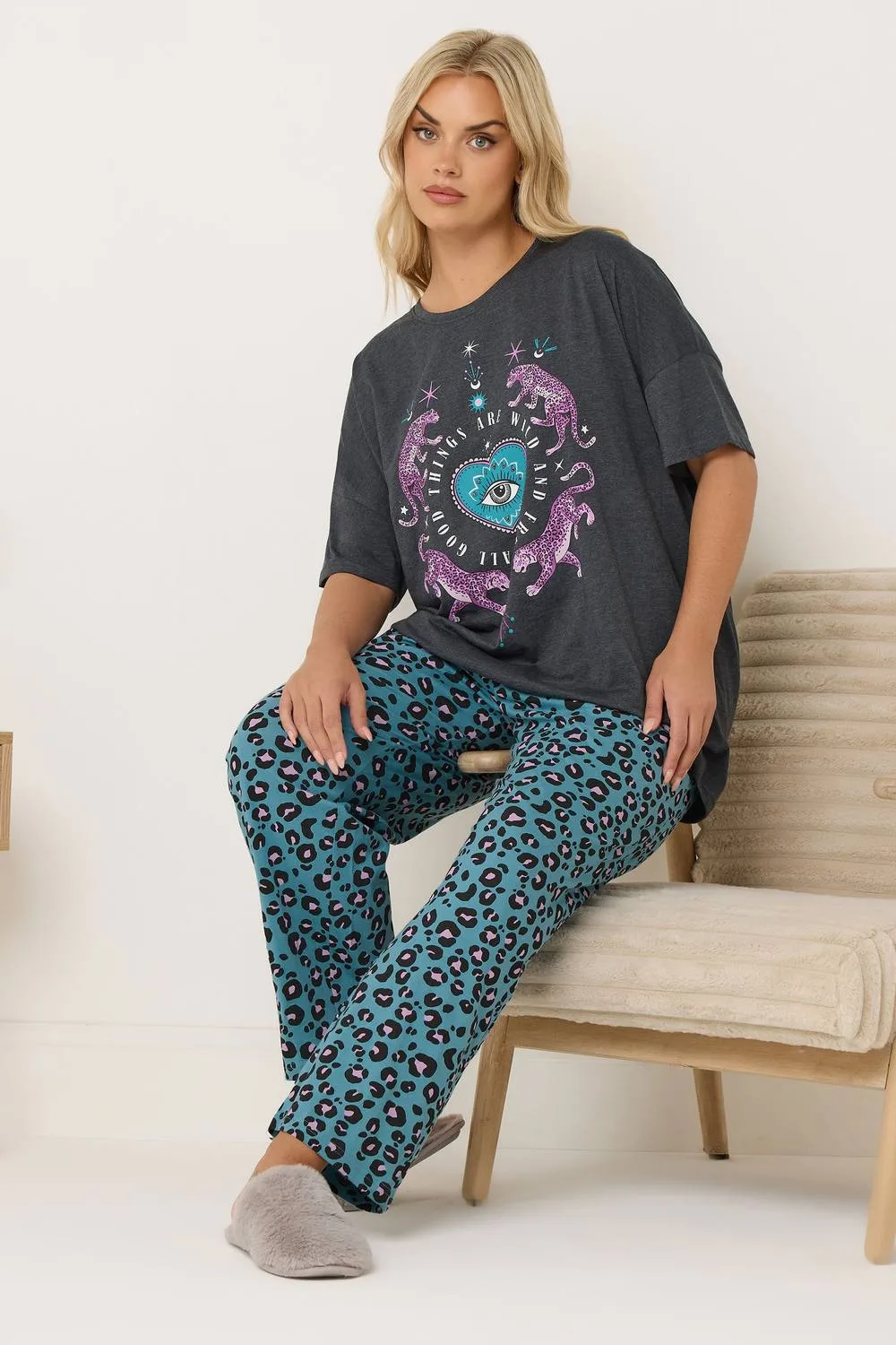 Women's Leopard Wide Leg Pyjama Set Size: 22-24 - Multicolor - Size: 22-24 - Yours - FashionsVida