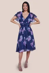 Printed Sparkling A Line Flutter Sleeve Midi Dress - Navy - Size: 12