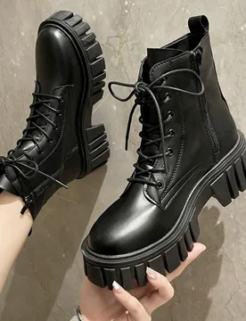 Botas de motocicleta de moda para mujer, botas de tobillo con forro térmico para otoño e invierno para estudiantes, zapatos de mujer, botas de comba - Shein - FashionsVida