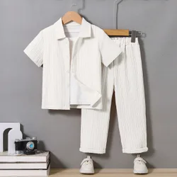 Conjunto De Dos Piezas, Camisa De Manga Corta Y Pantalón Largo De Textura Sólida Para Niño