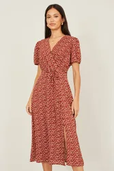Brown Spot Wrap Midi Dress - Brown - Size: 10