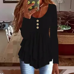New European and American Women's Clothing Fashion Three-button Casual Solid Color Long-sleeved Dress Top