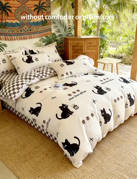 Juego de ropa de cama de 4 piezas con estampado de gato negro, piel amigable (1 Edredón + 2 Fundas de almohada + 1 Sábana), Suave y transpirable, Mi - Shein - FashionsVida