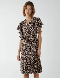 Leopard Print Wrap Ruffle Midi Dress - 10 / Animal - female