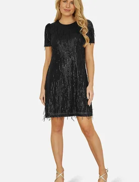 Black Dripping Sequin Tunic Dress - Black - Size: 8 - Yumi - FashionsVida