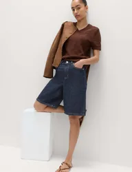 Denim High Waisted Jorts with Linen Indigo Mix female
