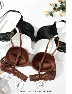 Conjunto de 3 piezas de ropa interior sexy para mujeres y niñas - Sujetador con relleno y push-up de lujo, con relleno fino, encaje exquisito, alto s - Shein - FashionsVida