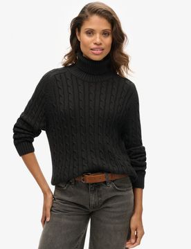 Superdry Damen Lockerer Zopfmuster-rollkragenpullover Schwarz - Größe: 42