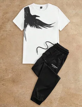 Camiseta de manga corta con gráfico de pájaro de algodón para hombres y pantalón de chándal con cordón en la cintura, para salir, atuendos cómo - Shein - FashionsVida