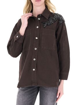 Giacca overshirt con strass MARRONE M